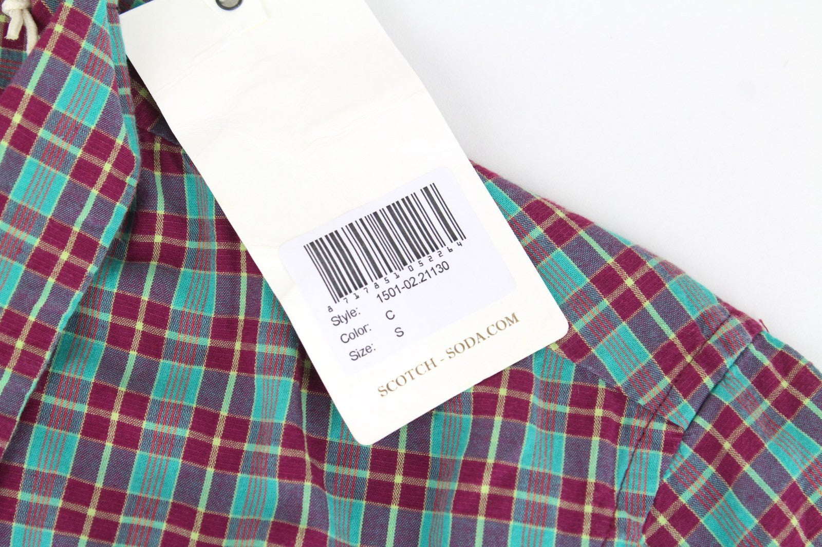 SCOTCH & SODA Men Shirt S Short Sleeve Patched Purple Plaid Check Cotton Linen
