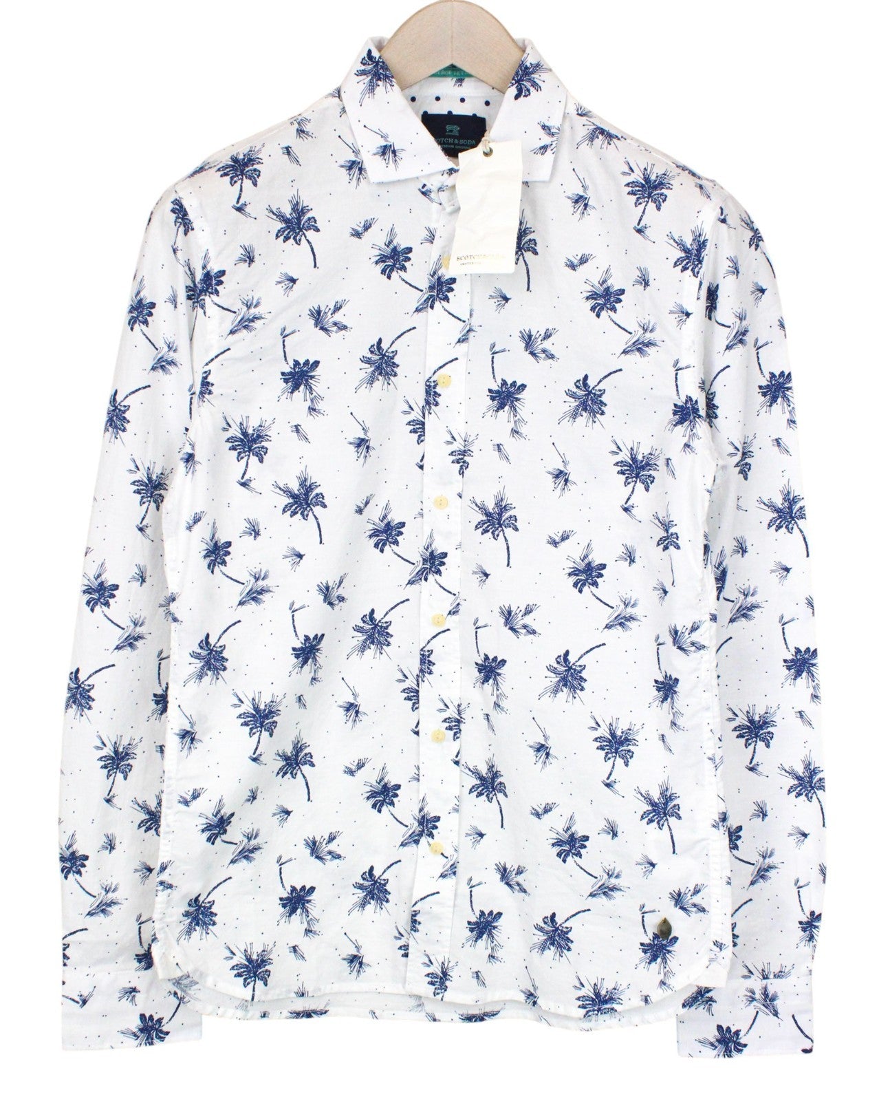SCOTCH & SODA Men Shirt S White Blue Cotton Palm Pattern Long Sleeve