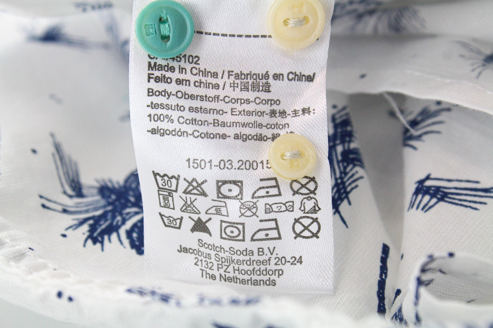 SCOTCH & SODA Men Shirt S White Blue Cotton Palm Pattern Long Sleeve