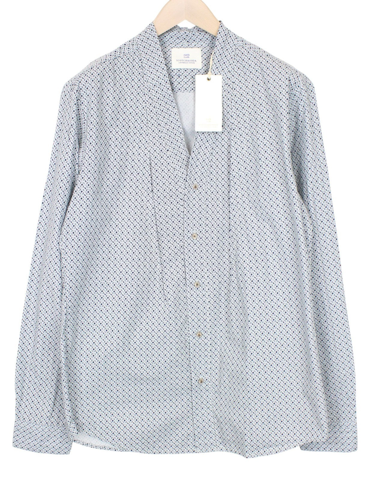 SCOTCH & SODA Men Shirt XL Blue Graphic Printed Pure Cotton V-Neckline Classic