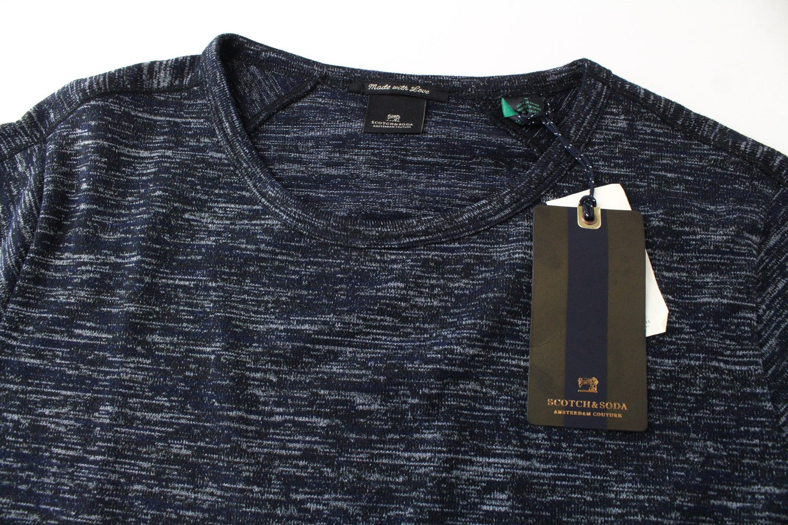 SCOTCH & SODA Men T-Shirt S Navy Melange Crew Neck Long Fitted Cotton Blend