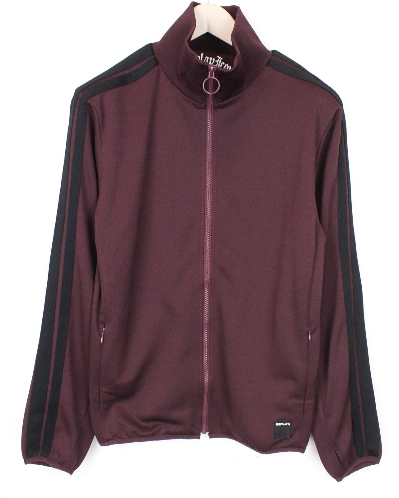 REPLAY Men Sweatshirt L Burgundy Ribbed High Neck Jersey Track Zip Up Classic