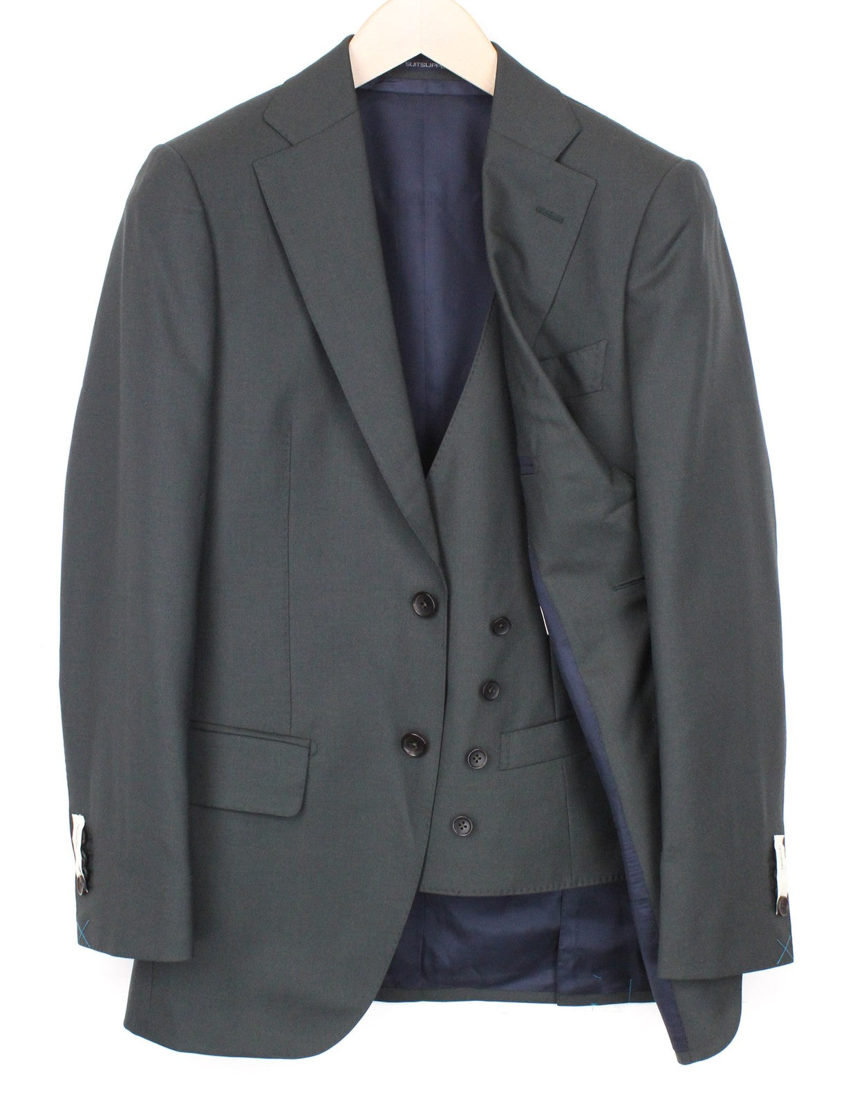 SUITSUPPLY Lazio Men Suit UK32R Blazer Waistcoat Green Lined Pure Wool 2 Piece