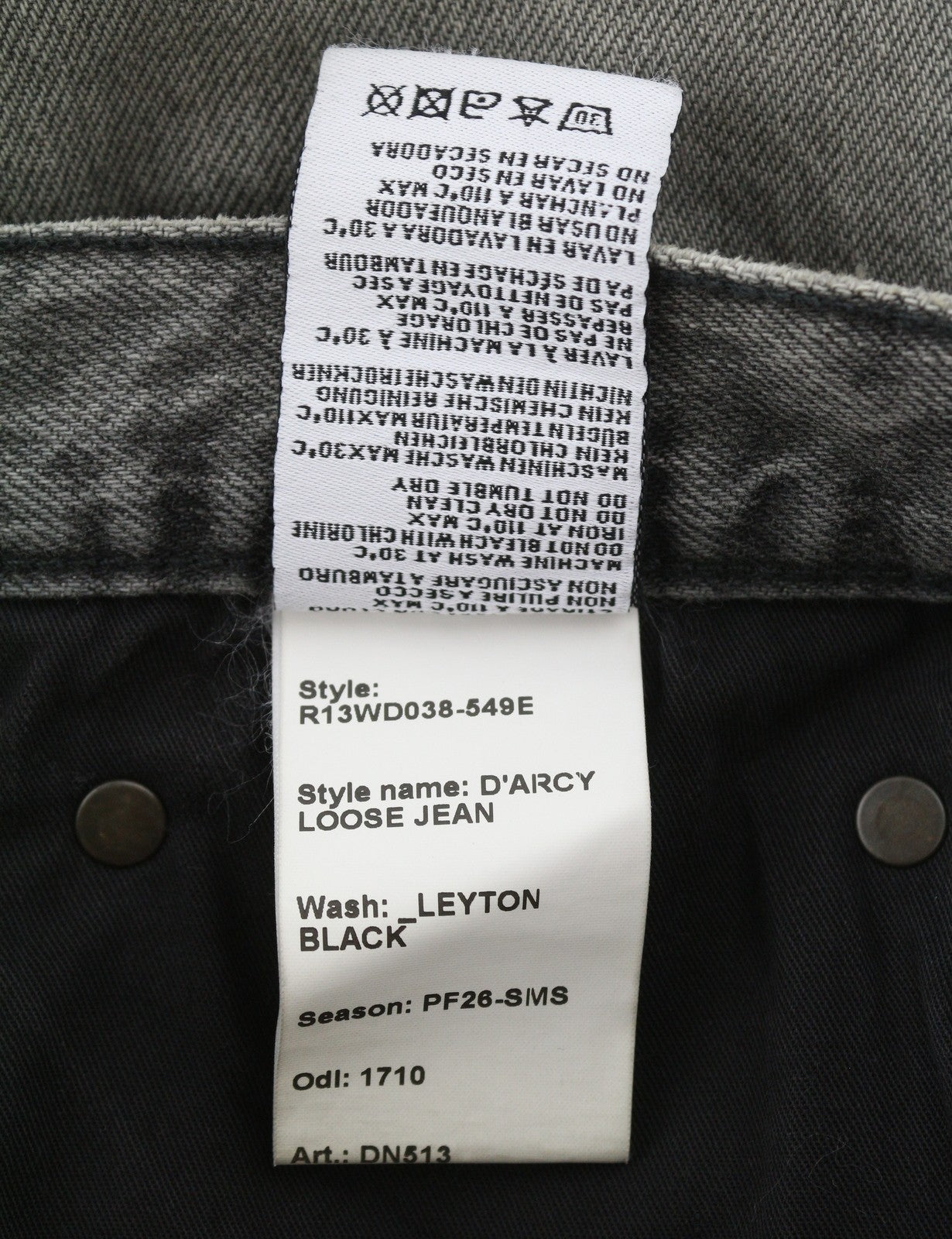 R13 D'Arcy Loose Women Jeans 27 Leyton Black Fade Whisker Rip PF26