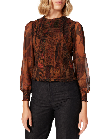 DESIGUAL Blus Hisopo Women Blouse L Brown Honeycomb Ruffle Collar
