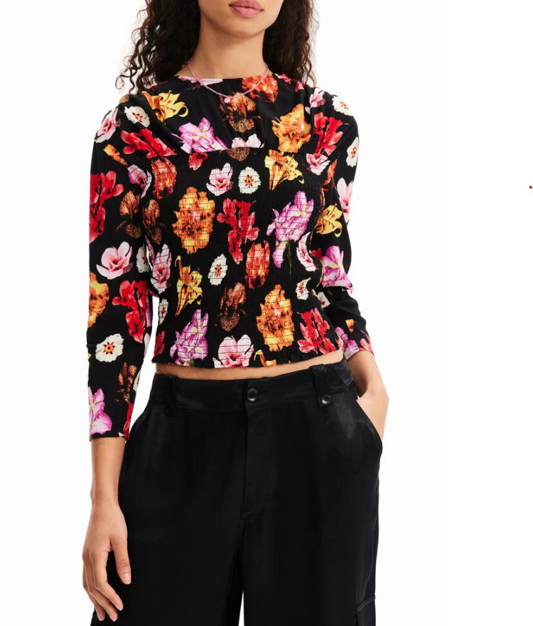DESIGUAL Blus Rosa Women Blouse L Bright Floral Cropped 3/4 Sleeve