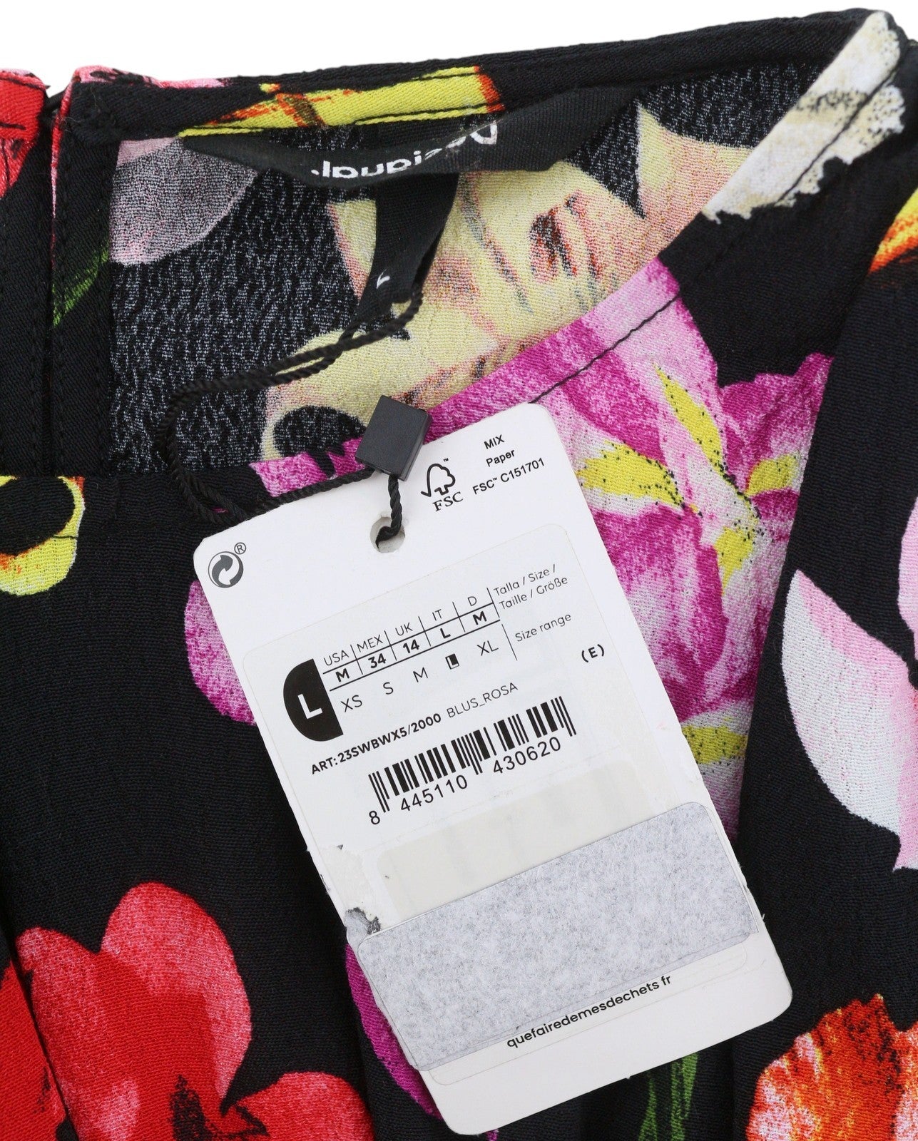DESIGUAL Blus Rosa Women Blouse L Bright Floral Cropped 3/4 Sleeve