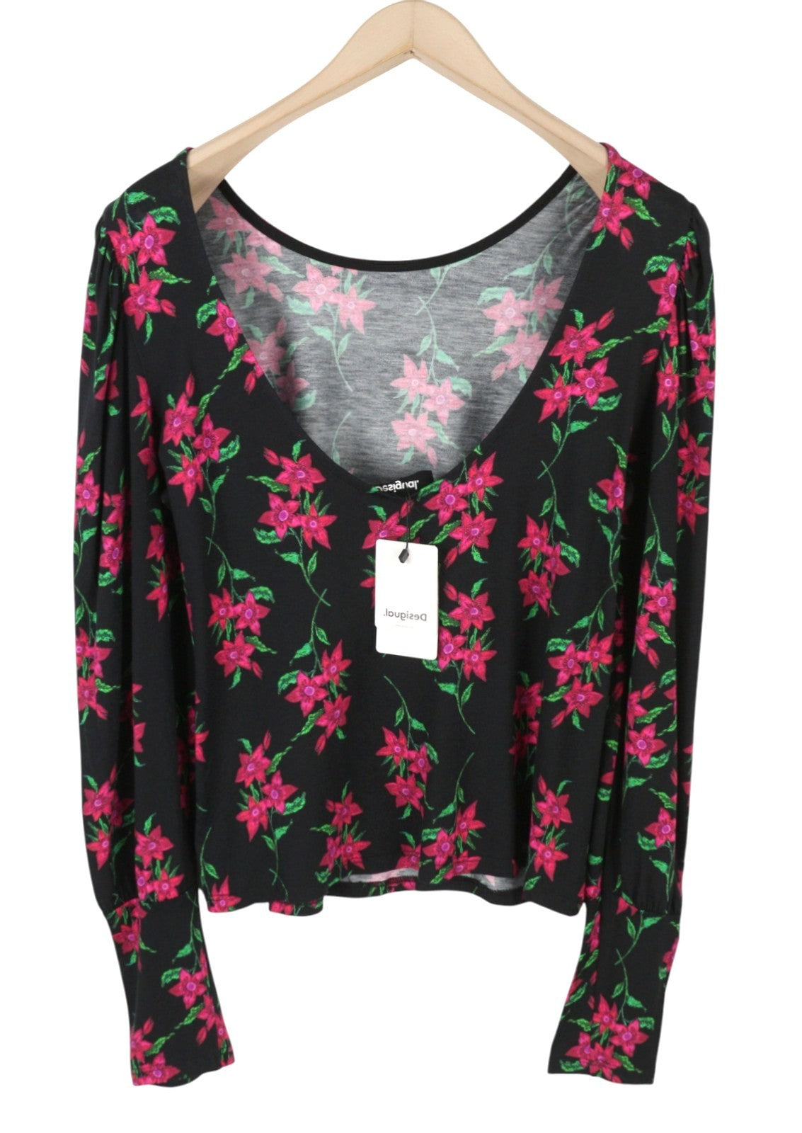 DESIGUAL TS Kim Women Blouse XL Black Floral Cutout Back Long Sleeve