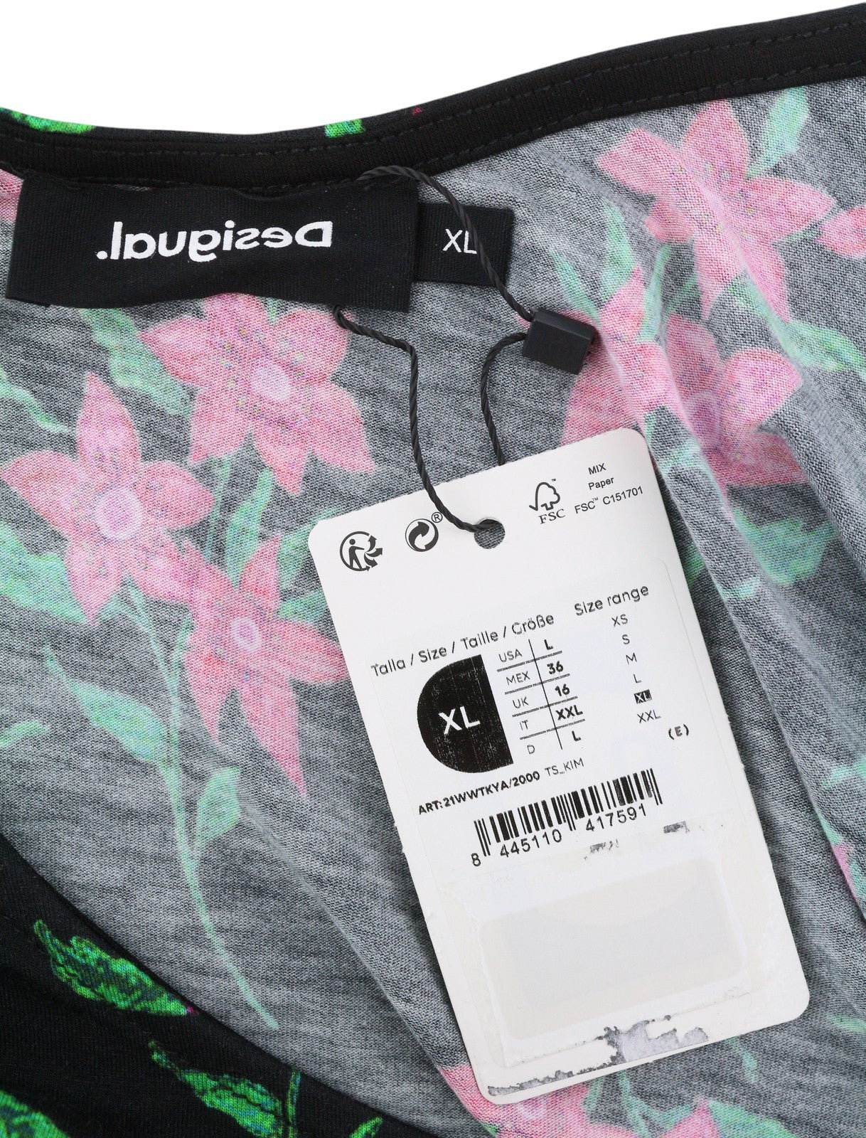 DESIGUAL TS Kim Women Blouse XL Black Floral Cutout Back Long Sleeve