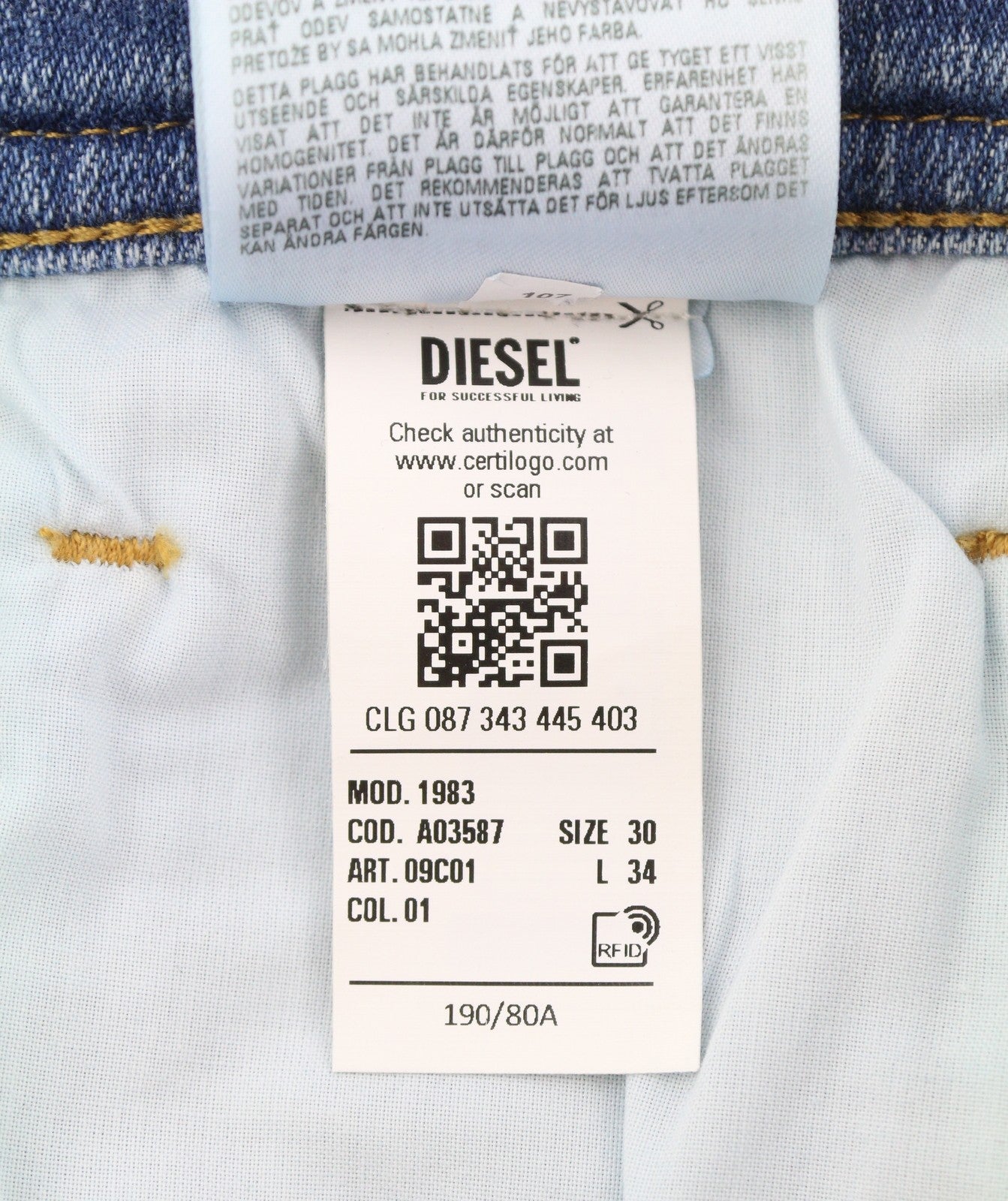 DIESEL 1983 09C01 Men Jeans W30/L34 Blue Whisker Fade Skinny High Waist