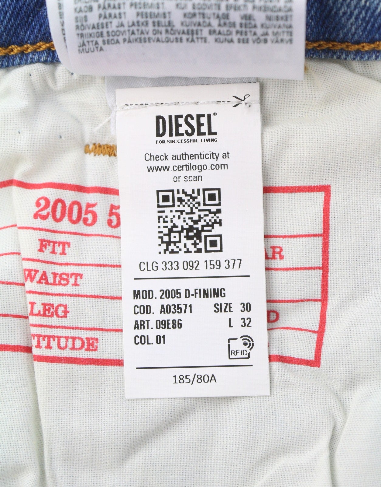 DIESEL 2005 D-Fining 09E86 Men Jeans W30/L32 Blue Faded Taper Regular