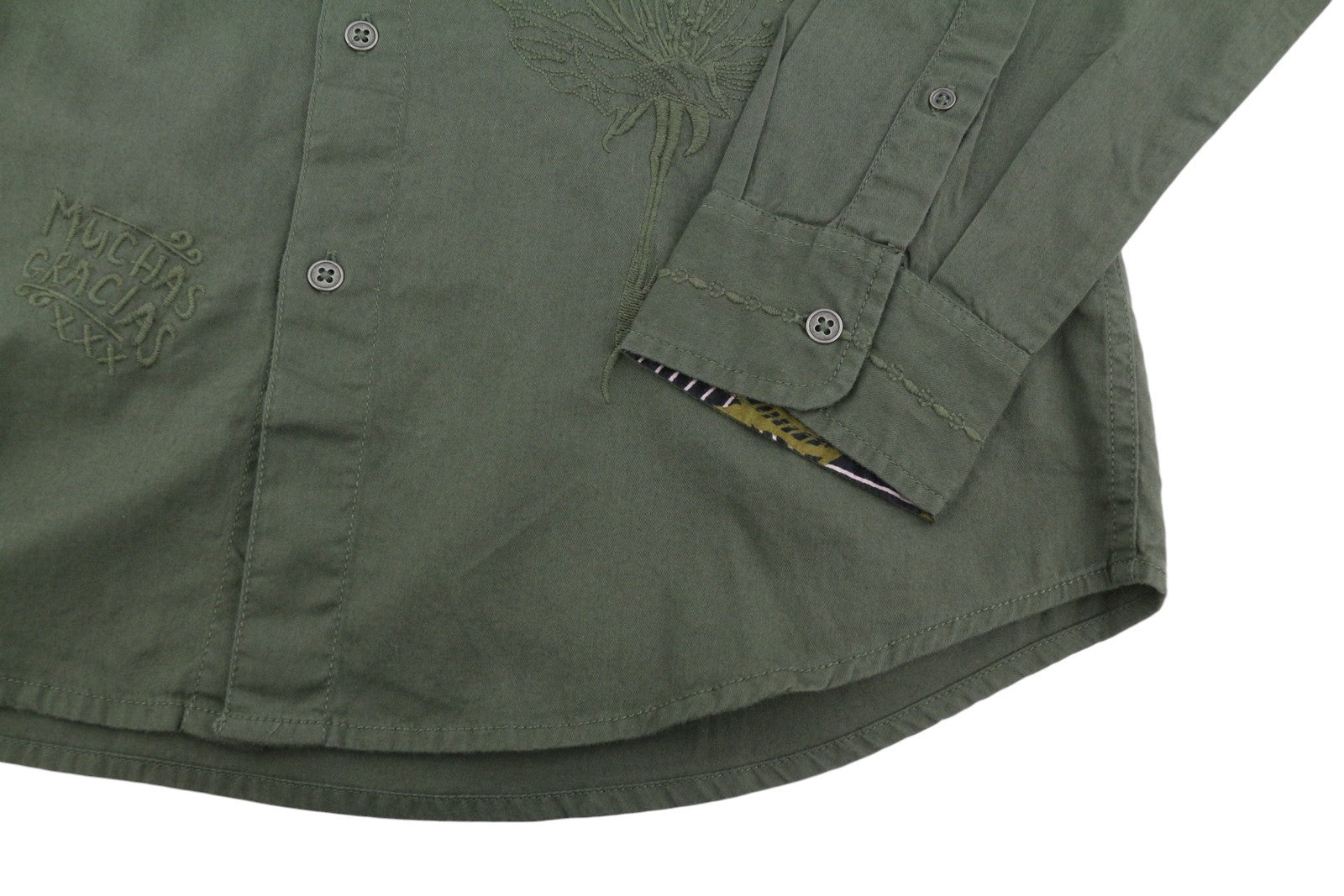 DESIGUAL Cam Marcos Men Shirt M Khaki Embroidered Button-Up Casual
