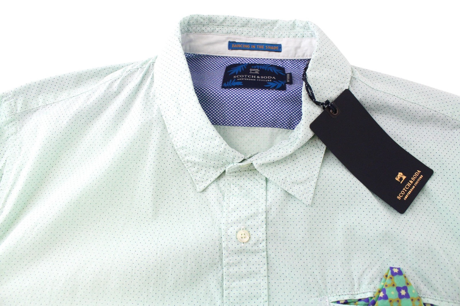SCOTCH & SODA Men Shirt 2XL Green Button-Up Twill Polka Dot Pocket Square