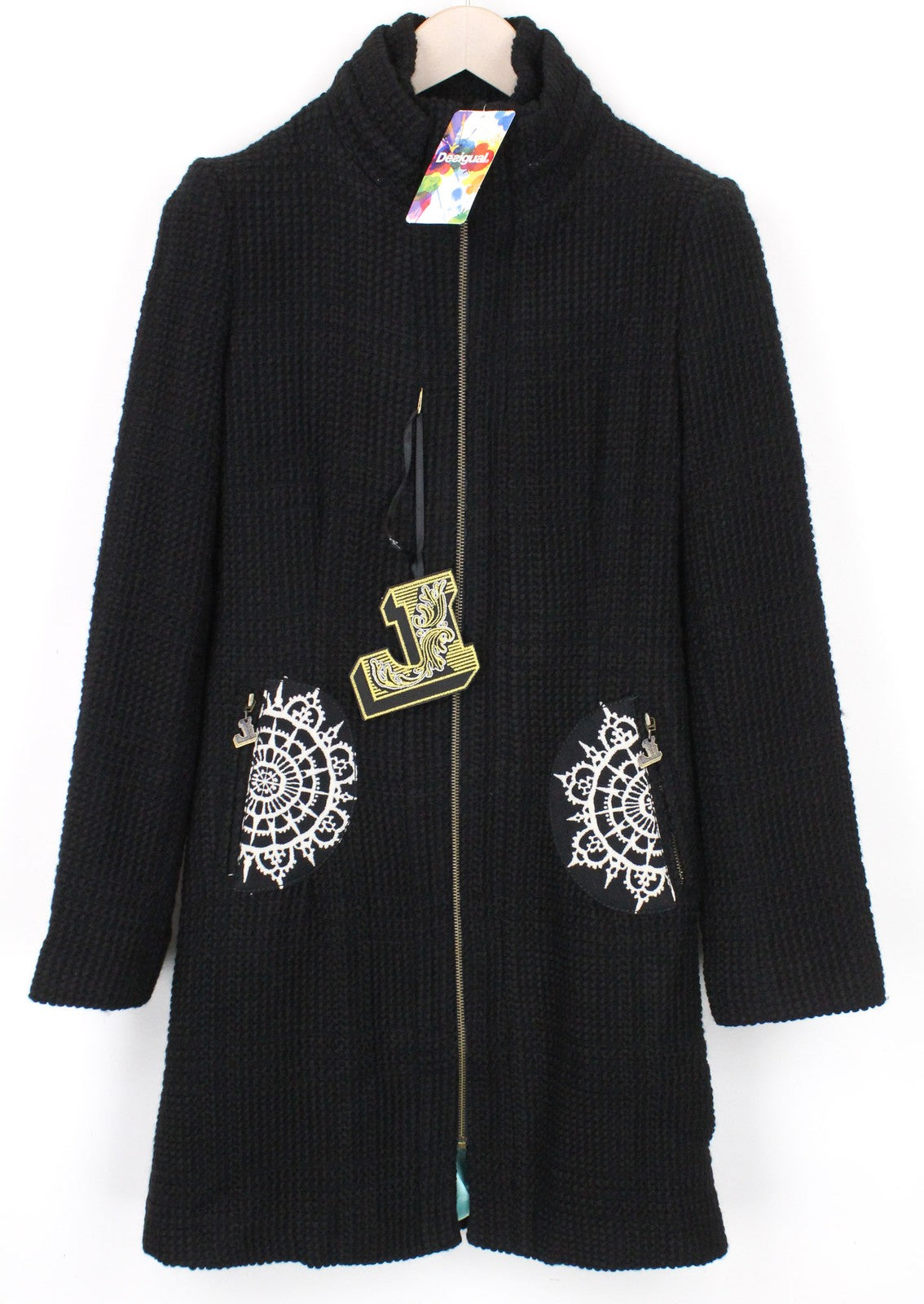 DESIGUAL L'Adoration Women Coat EU38 M Black Designer Wool Mid-Length Woven