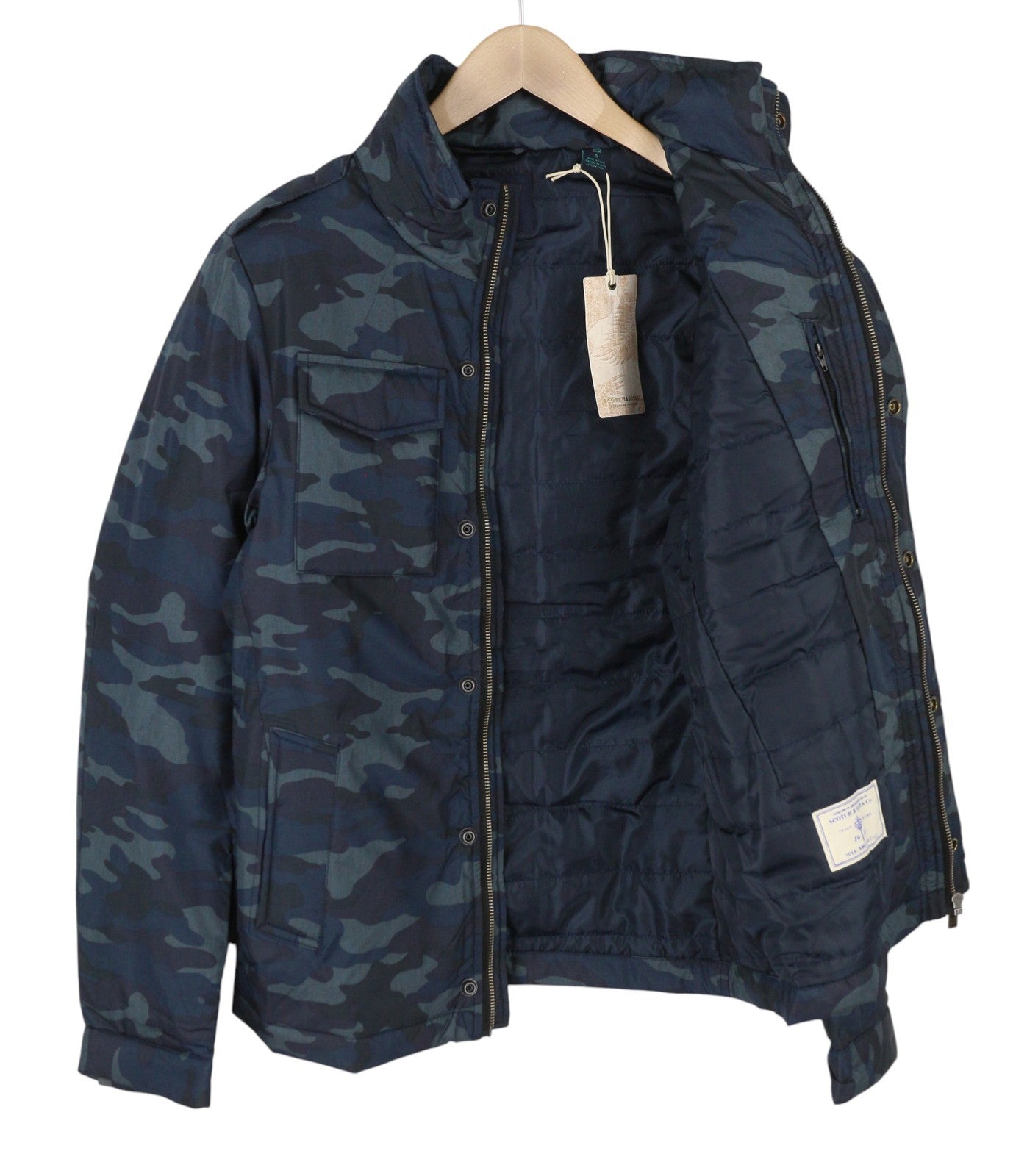 SCOTCH & SODA Men Jacket S Blue Camo Padded Full Zip Hidden Hood