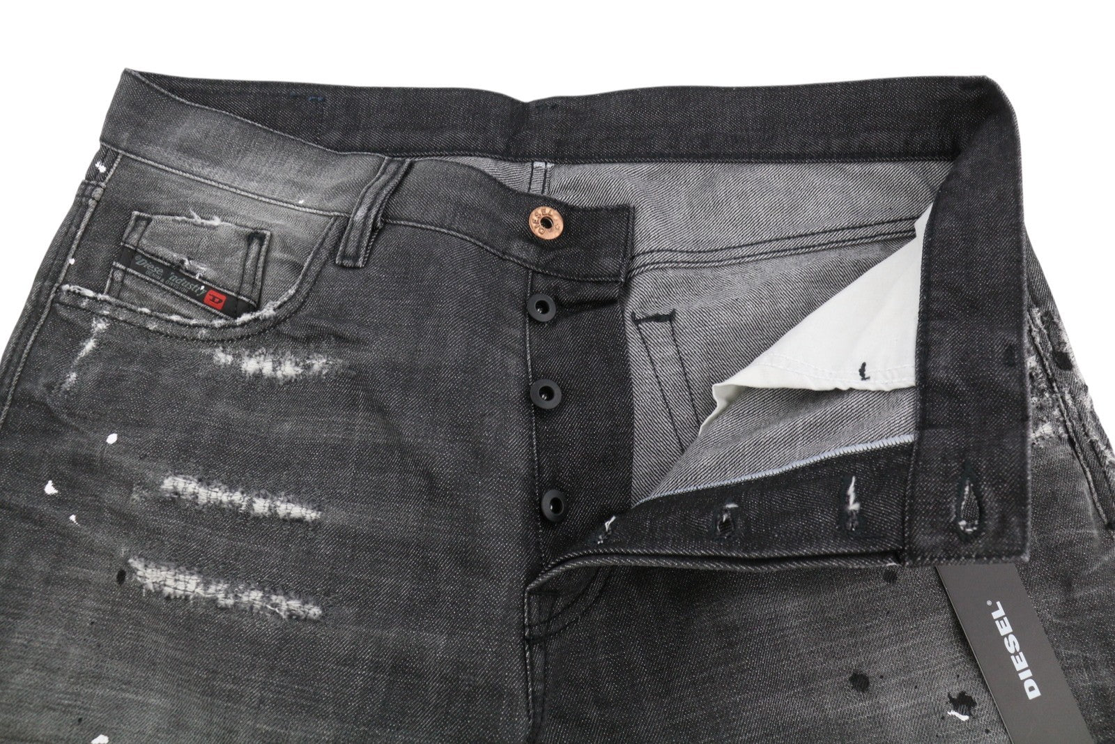 DIESEL Mharky 083AB Men Jeans W34 Grey Whisker Fade Paint Distress Rigid