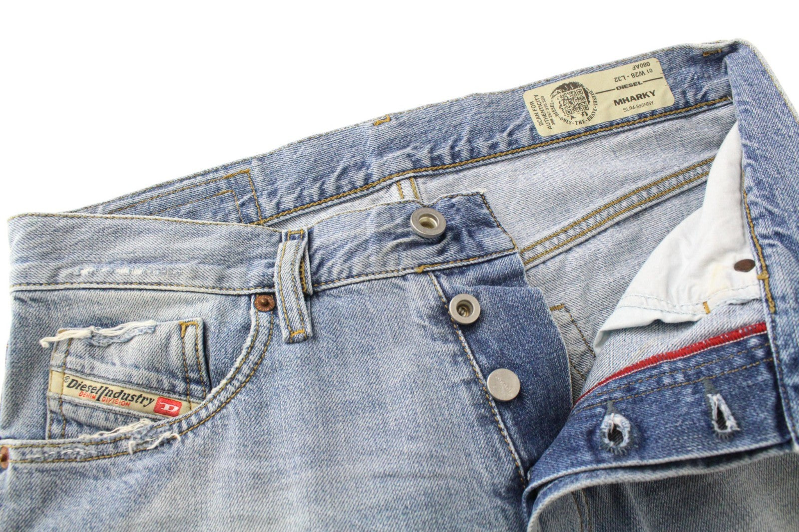 DIESEL Mharky 080AF Men Jeans W28/L32 Slim Skinny Pure Cotton Blue Distressed