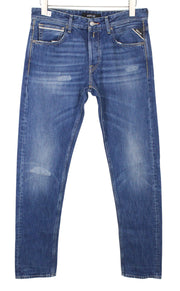 REPLAY Grover Men Jeans W30/L34 Straight Fit Blue Cotton Washed Distressed