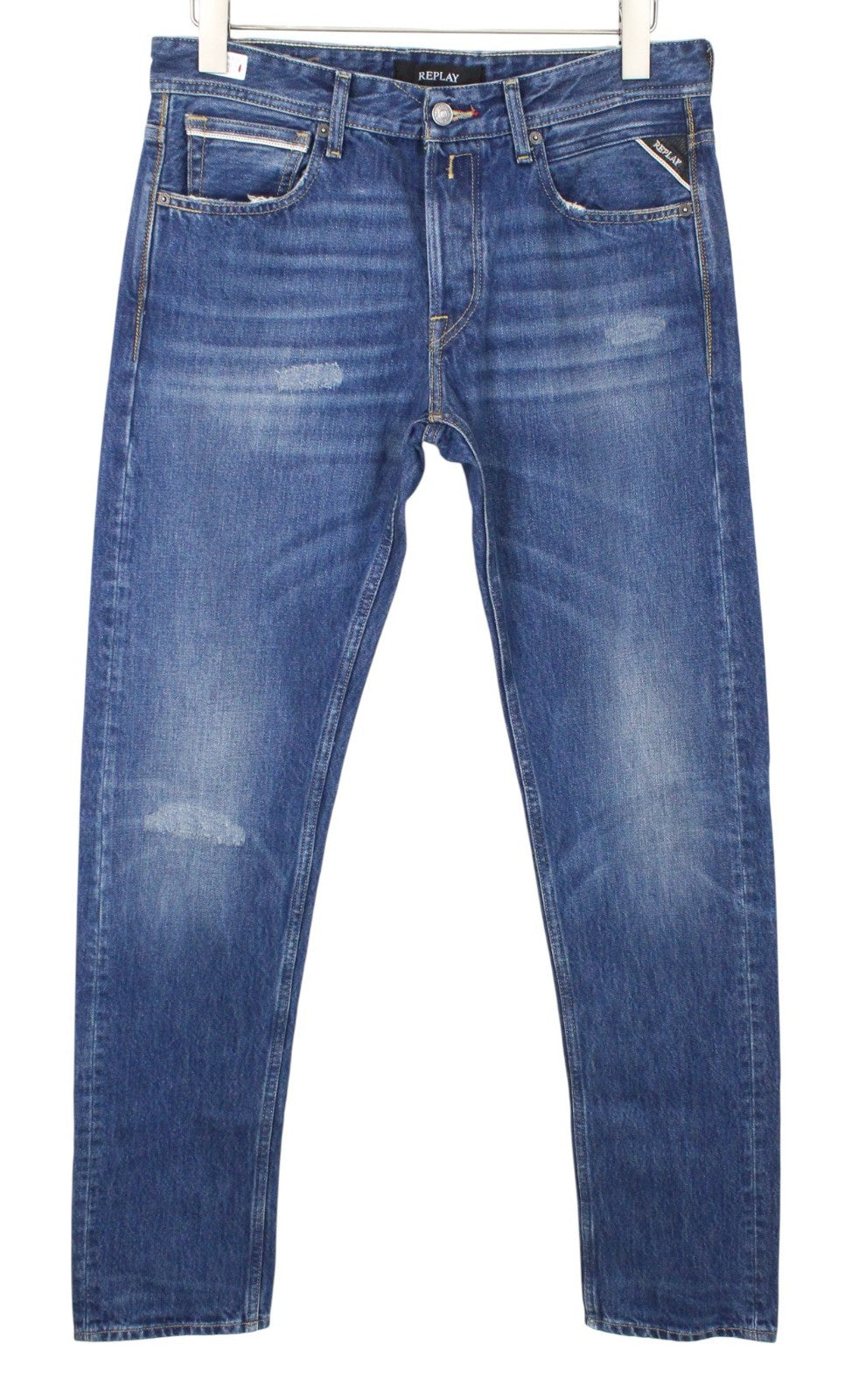 REPLAY Grover Men Jeans W30/L34 Straight Fit Blue Cotton Washed Distressed
