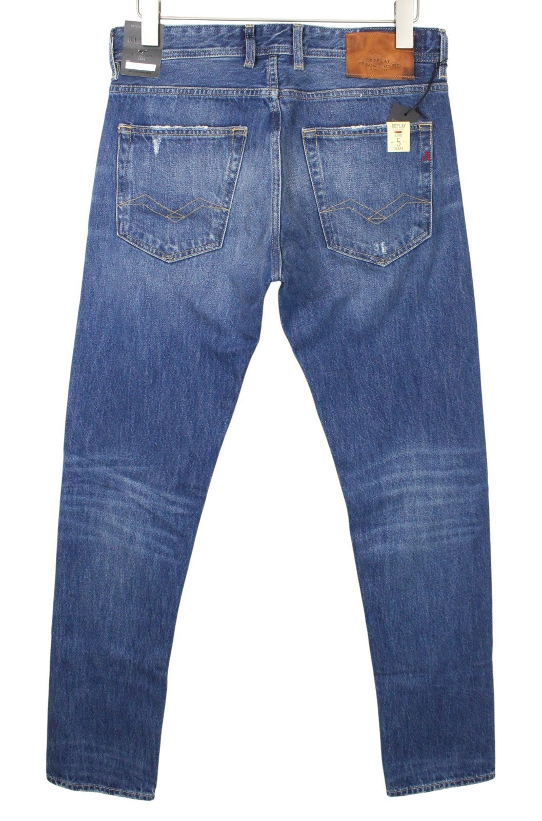 REPLAY Grover Men Jeans W30/L34 Straight Fit Blue Cotton Washed Distressed
