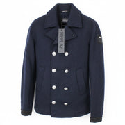 REPLAY Men Coat L Marine Blue Double-Breasted Wool Blend Classic Lined Notch