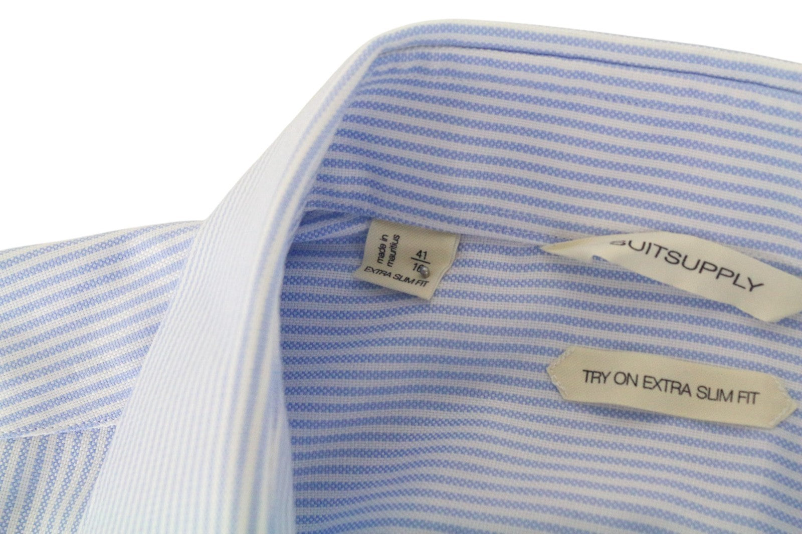 SUITSUPPLY Men Shirt 41/16 Extra Slim Blue Pure Cotton Striped Twill Classic