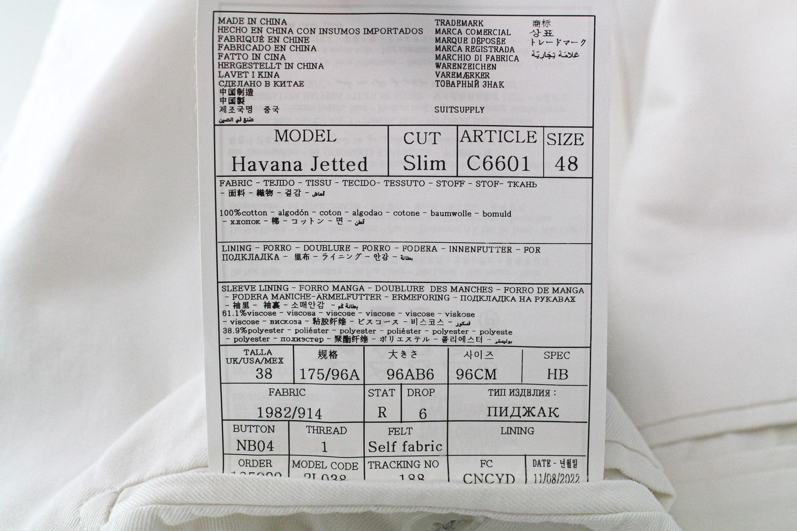 SUITSUPPLY Havana Jetted Men Blazer UK38R Twill White Slim Pure Cotton Unlined
