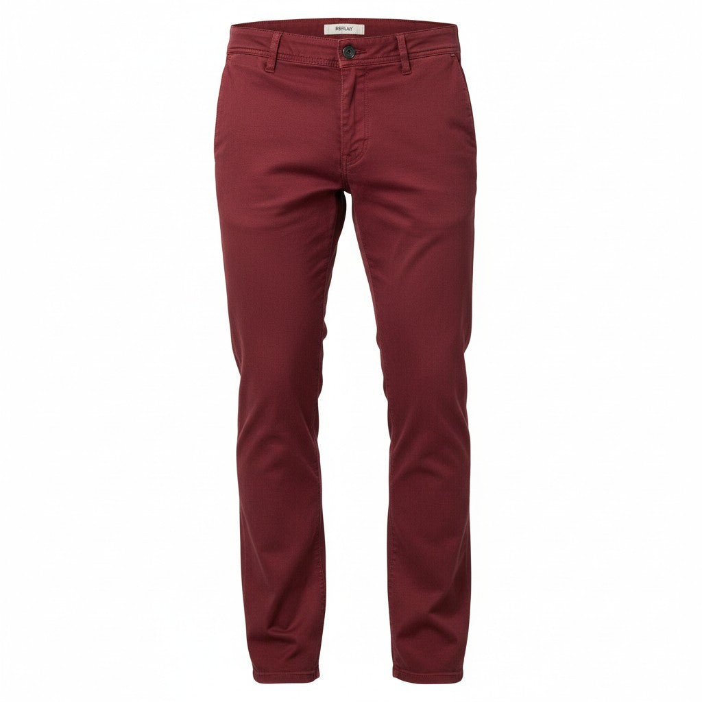 REPLAY Tom M9597 Men's Trousers W34/L32 Dark Red Zip Fly Regular Chino