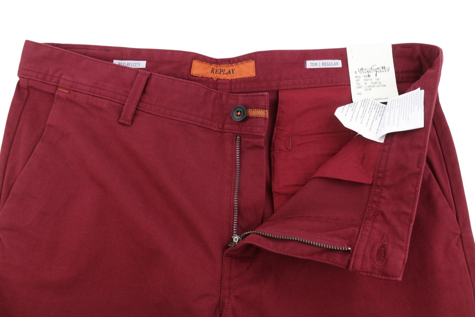 REPLAY Tom M9597 Men's Trousers W34/L32 Dark Red Zip Fly Regular Chino