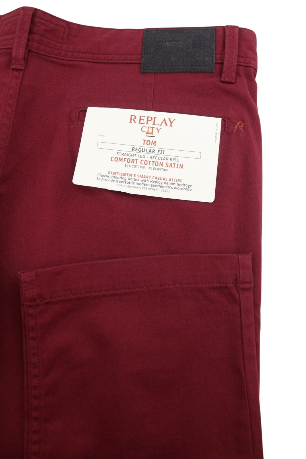 REPLAY Tom M9597 Men's Trousers W34/L32 Dark Red Zip Fly Regular Chino