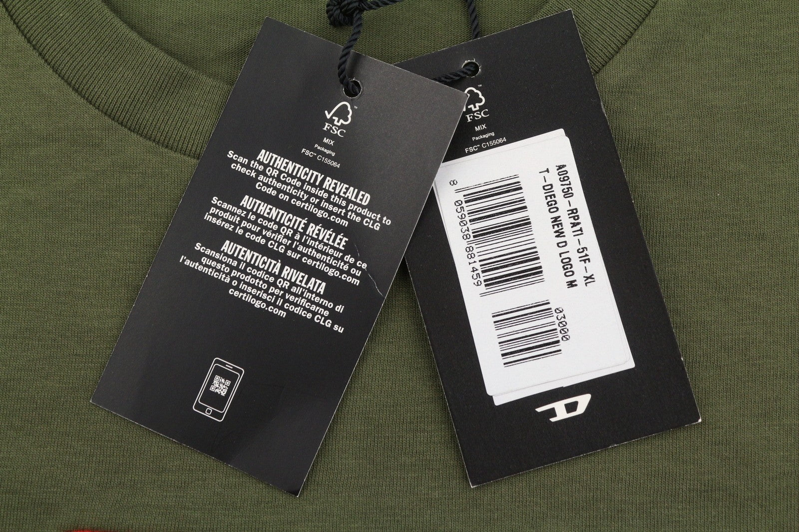 DIESEL T-Diego New D Logo Men T-Shirt XL Khaki Green Cotton Tricot Short Sleeve