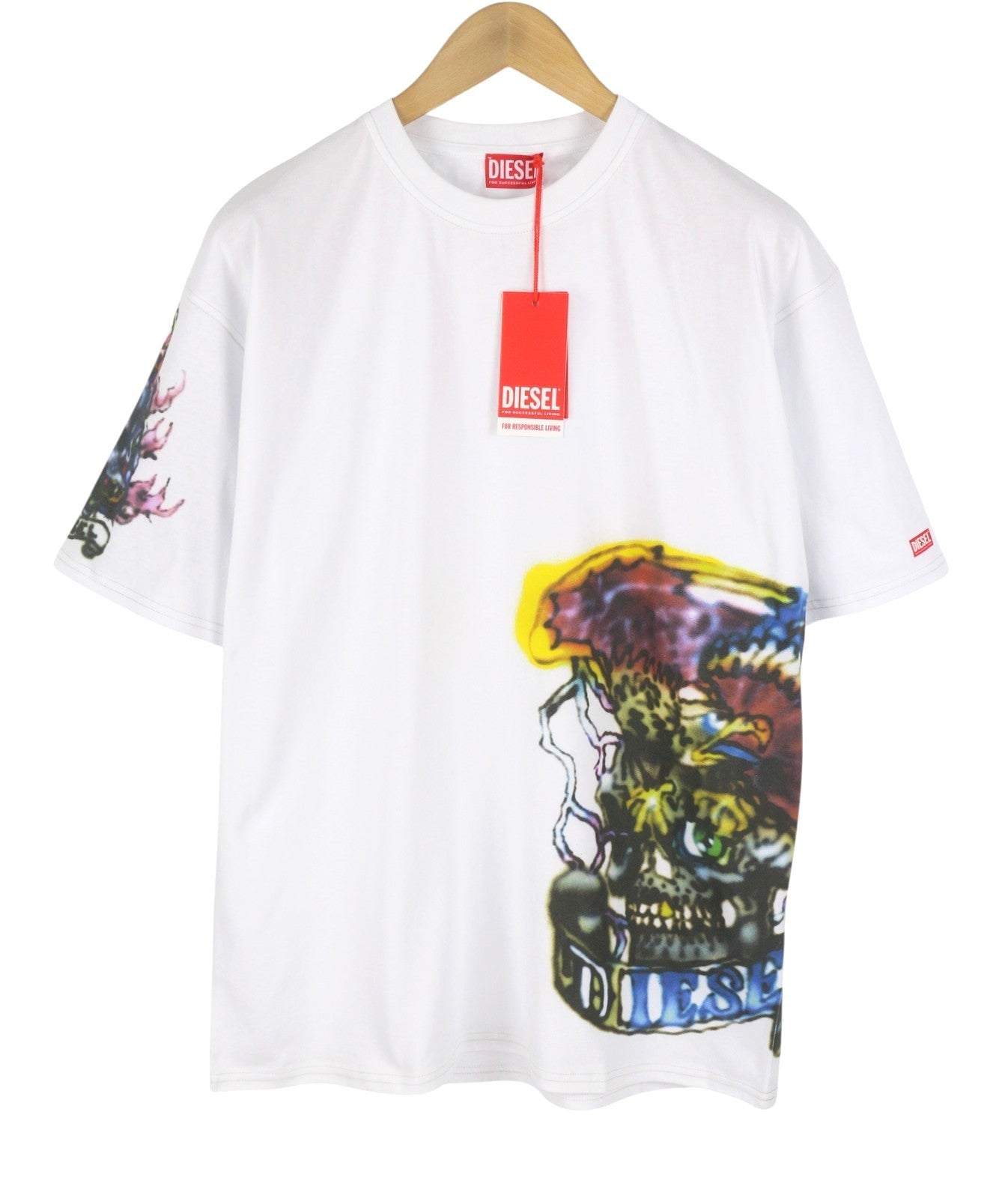 DIESEL T-Boxt-Q14 Men T-Shirt L White Patterned Cotton Tricot Short Sleeve