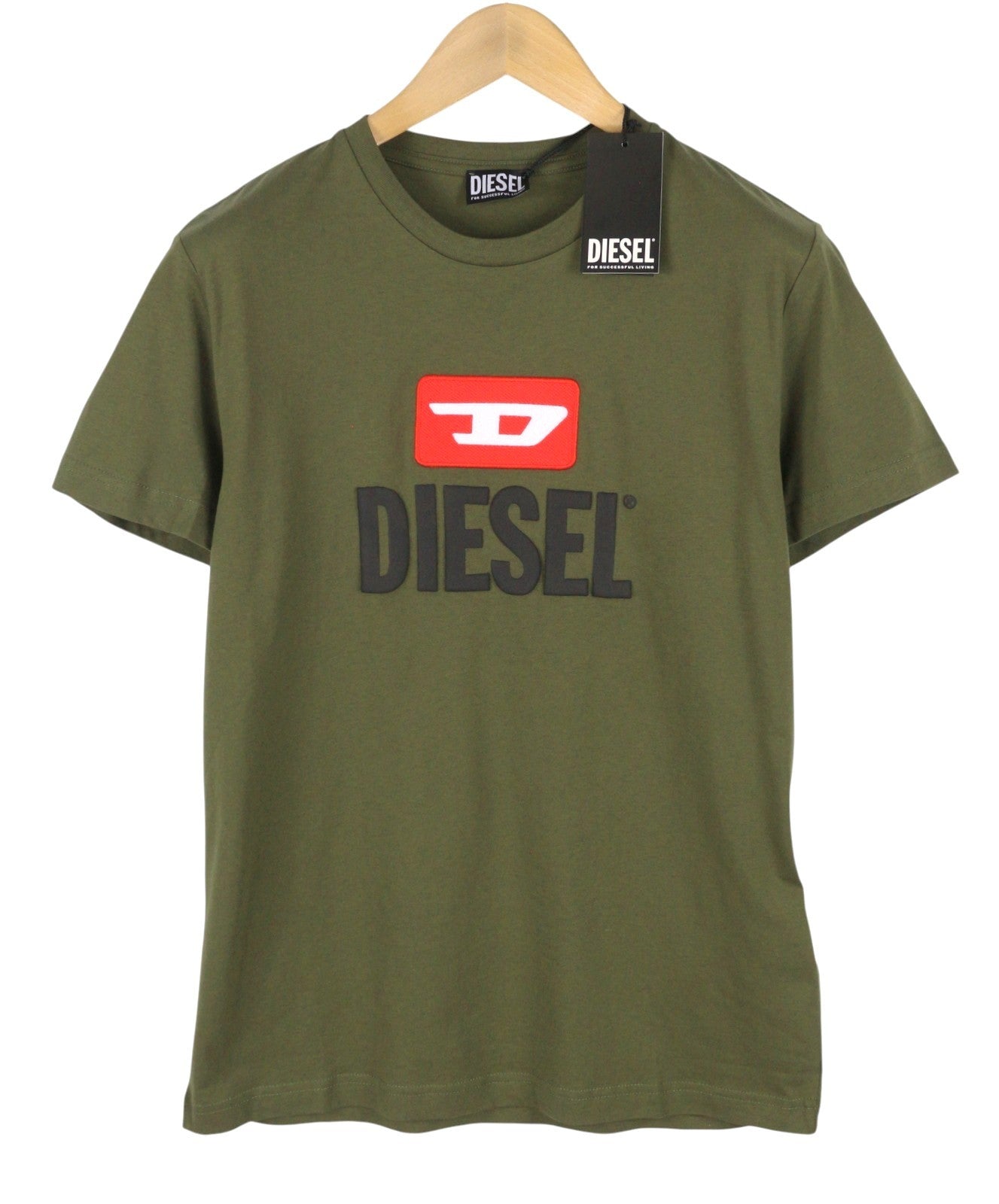 DIESEL T-Diego New D Logo Men T-Shirt L Khaki Green Cotton Tricot Short Sleeve