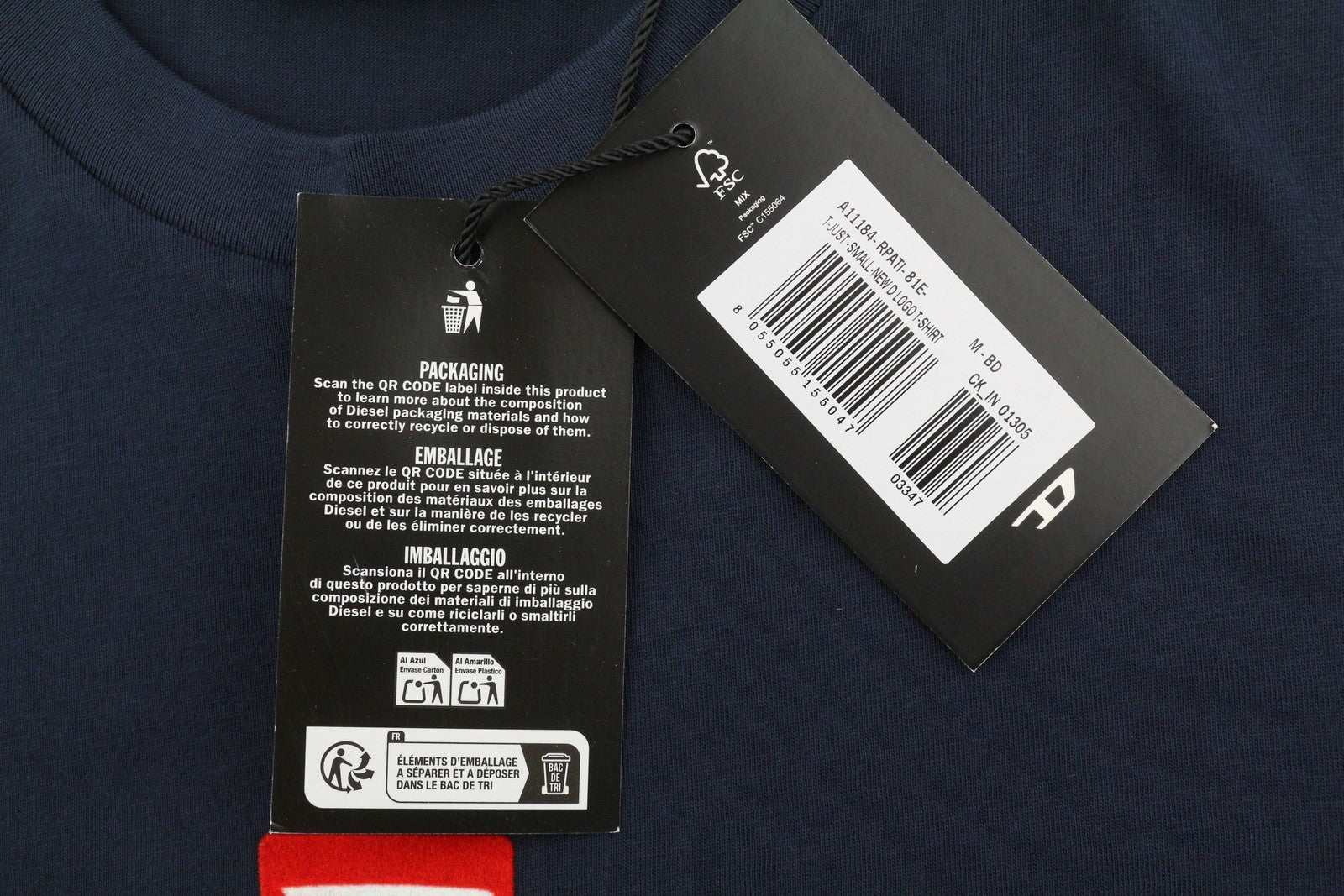 DIESEL T-Just-Small-New D Logo Men T-Shirt M Blue Cotton Tricot Short Sleeve