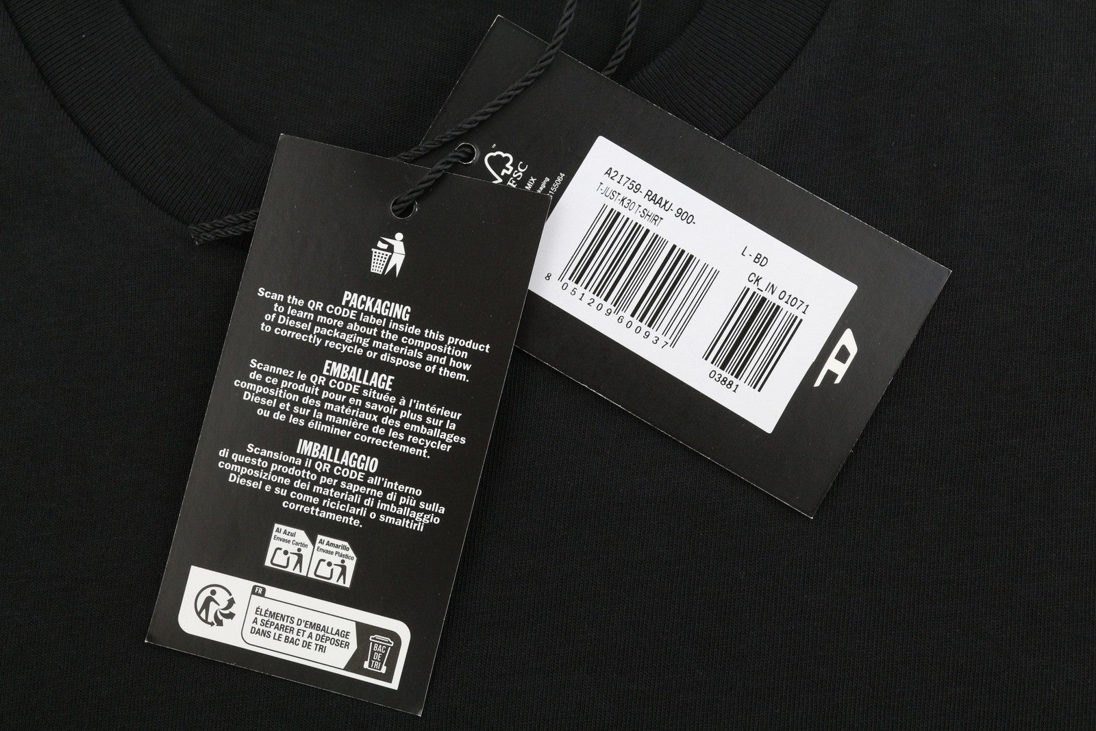 DIESEL T-Just-K30 Men T-Shirt L Black Cotton Tricot Crew Neck Short Sleeve