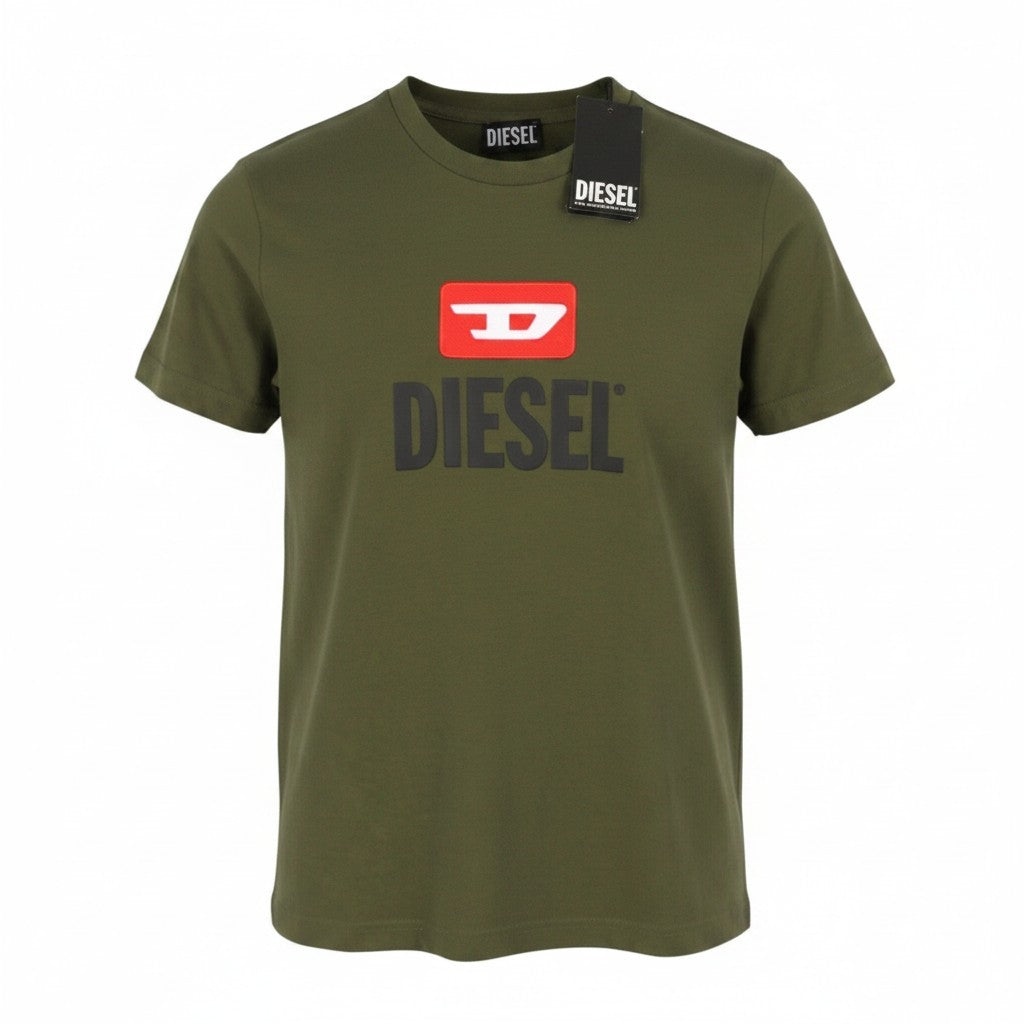 DIESEL T-Diego New D Logo Men T-Shirt S Khaki Green Cotton Tricot Short Sleeve