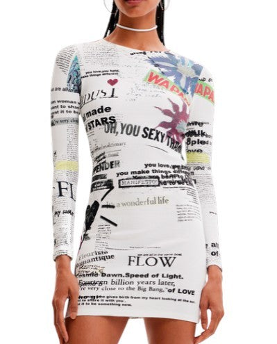 DESIGUAL Vest Wapas Women's Dress M Patterned Long Sleeve Crew Mini