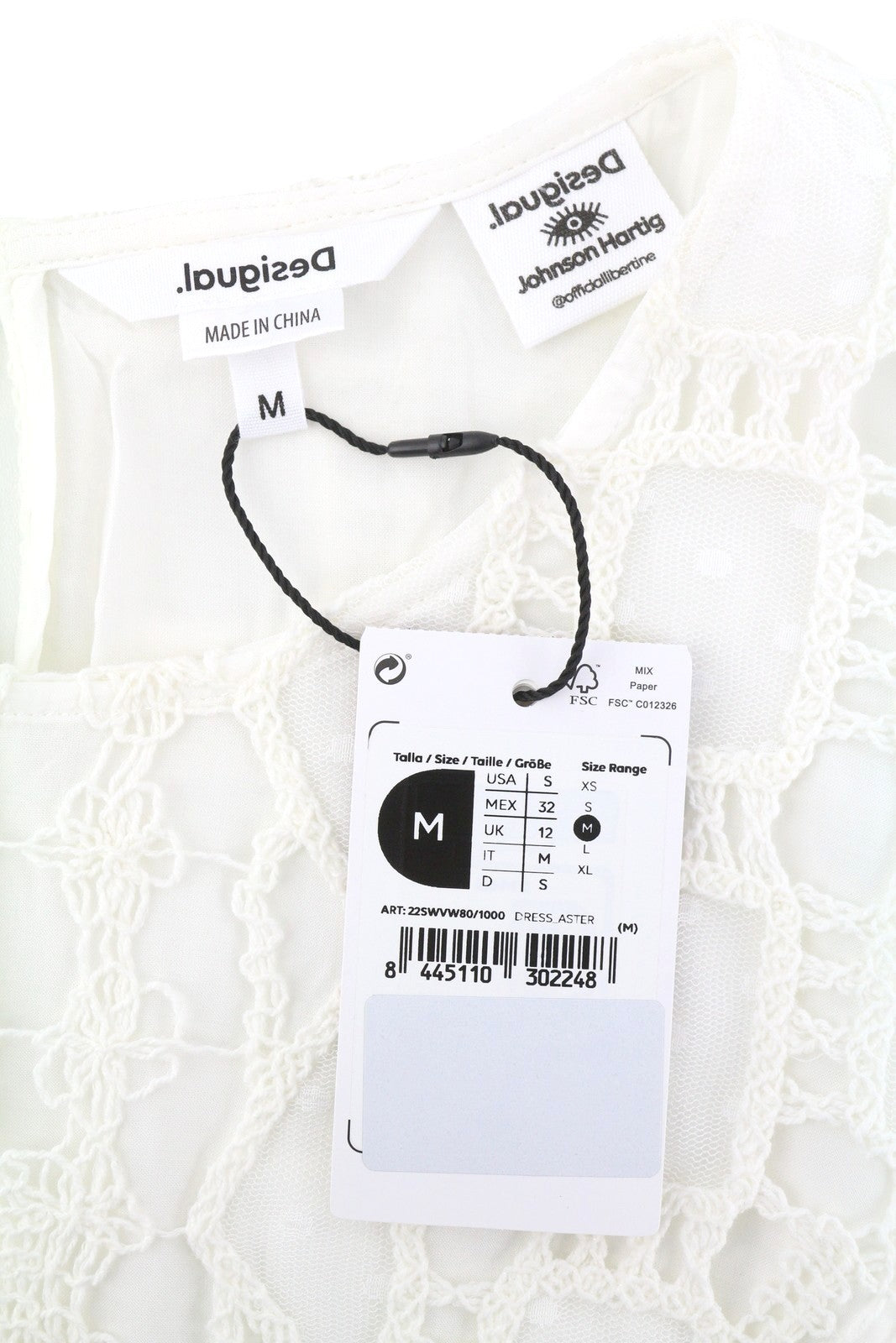 DESIGUAL Aster Women's Dress M White Embroidered Belted 3/4 Sleeve