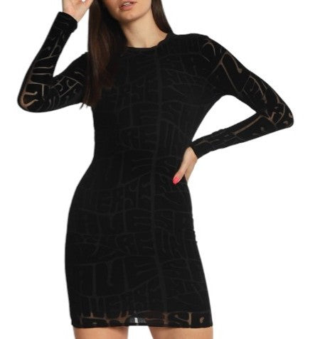 DESIGUAL Hellen Women's Dress XL Black Textured Crew Long Sleeve Fitted