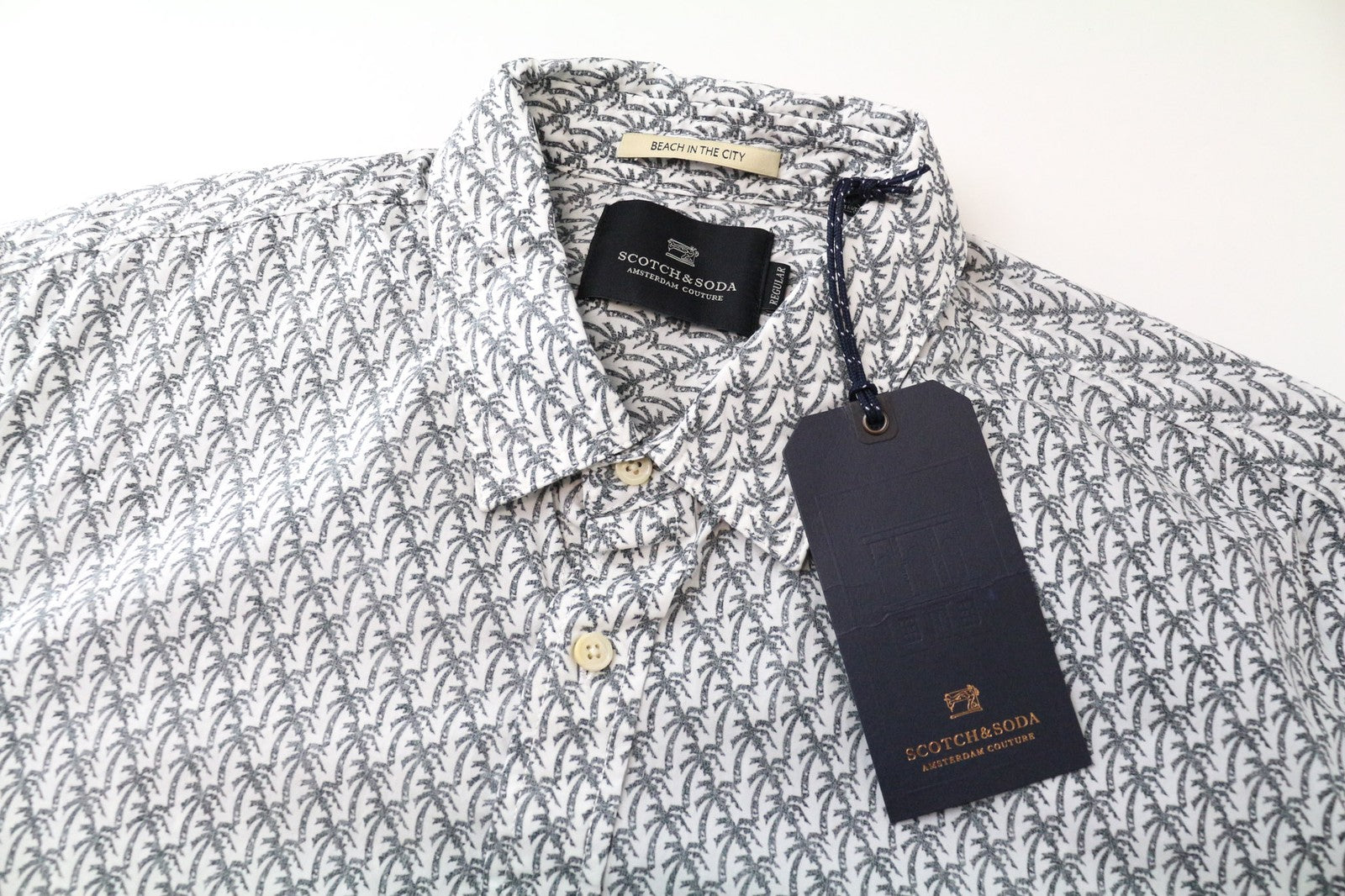 SCOTCH & SODA Ams Couture Men's Shirt L Grey Cotton Palm Print Long Sleeve Style