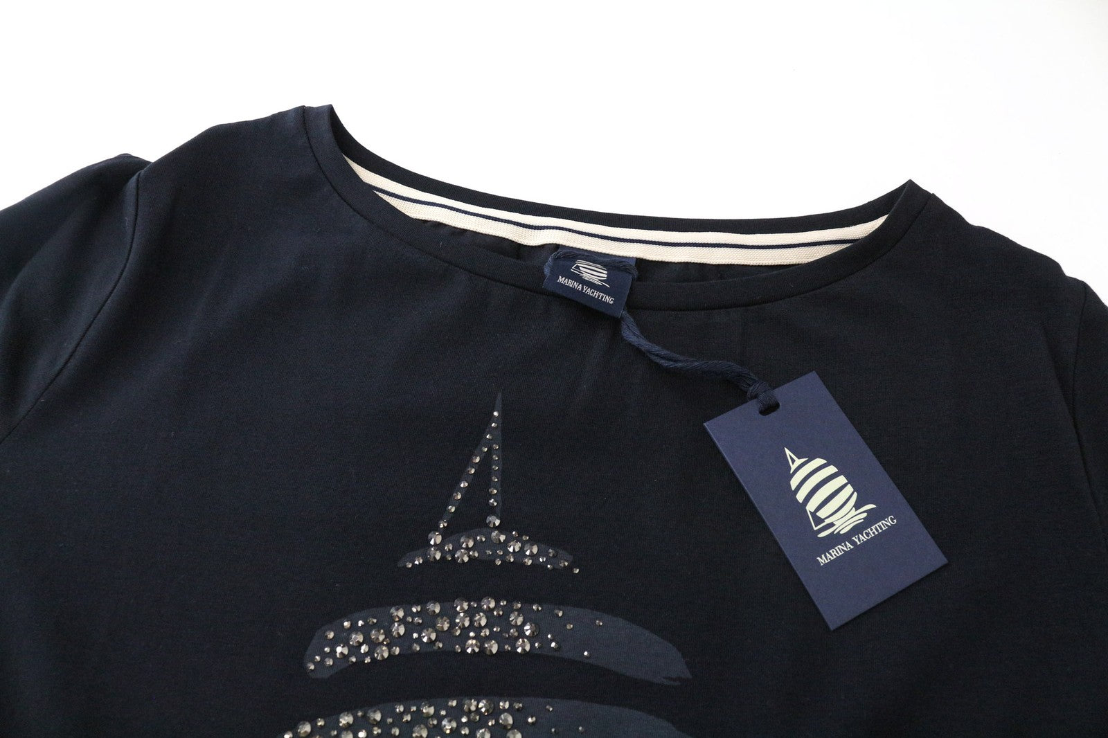 MARINA YACHTING Women's T-Shirt L Navy Cotton Stretch Rhinestone Logo Casual Top