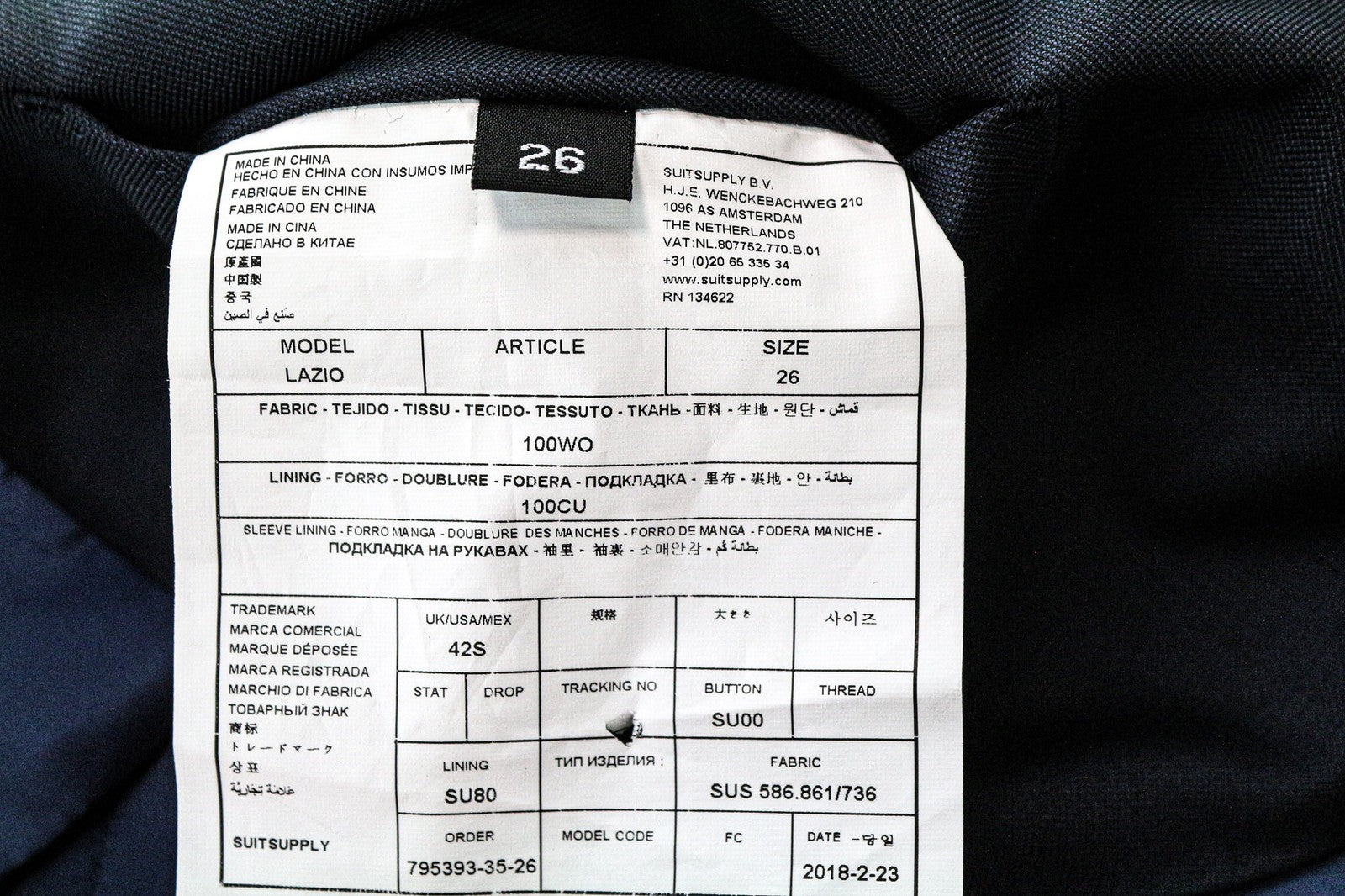 SUITSUPPLY Lazio Men's Suit UK42S Blue Pure Wool 2-Piece Blazer & Waistcoat