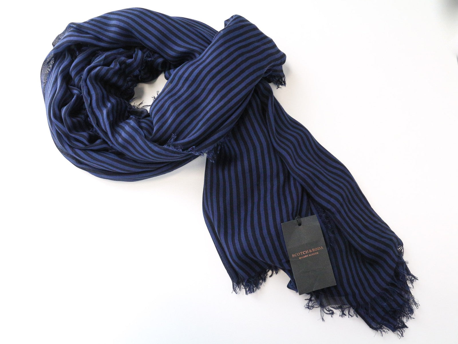 MAISON SCOTCH Women's Scarf OS Blue Black Striped Cotton Lightweight Everyday