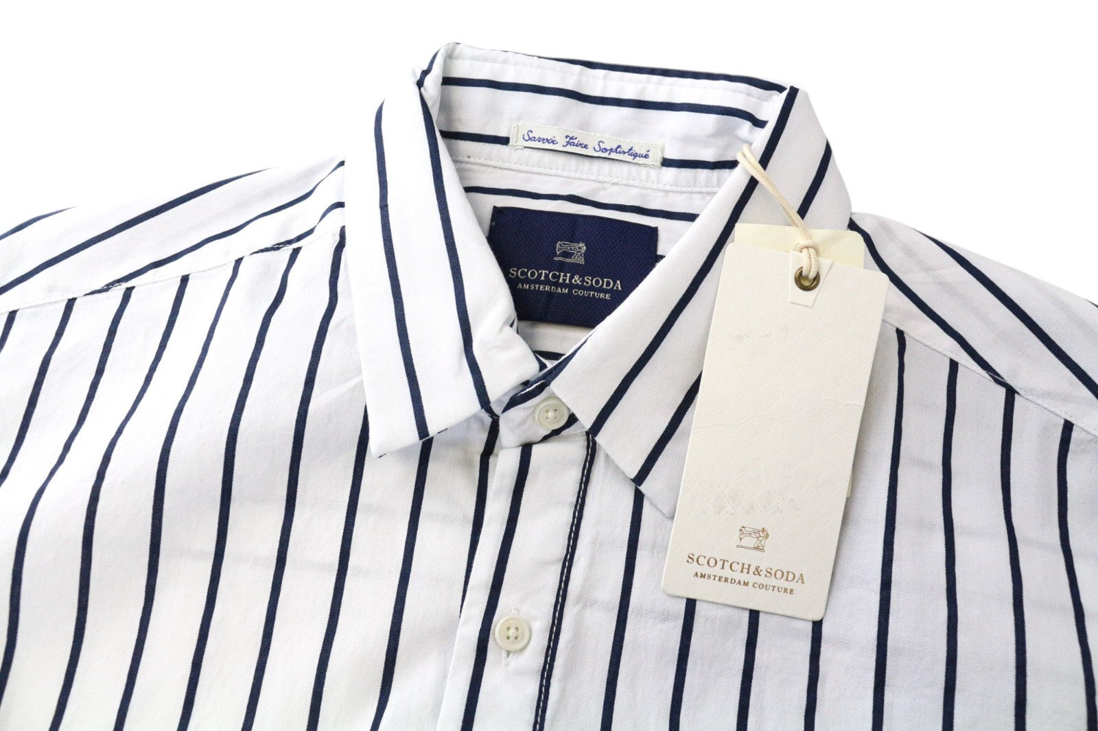 SCOTCH & SODA Ams Couture Men's Shirt M White Striped Long Fit Cotton