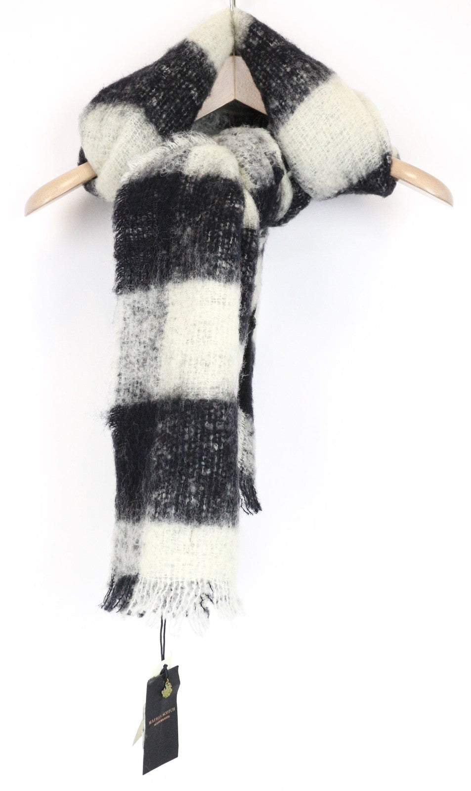 MAISON SCOTCH Women's Scarf OS Blue Wool Blend Checked Autumn Winter Wrap