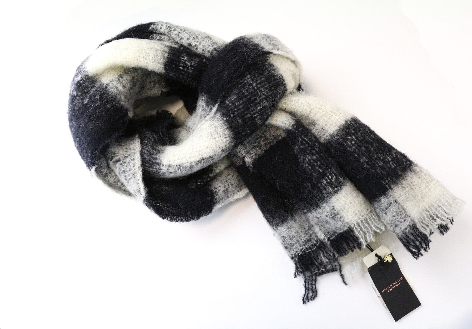 MAISON SCOTCH Women's Scarf OS Blue Wool Blend Checked Autumn Winter Wrap