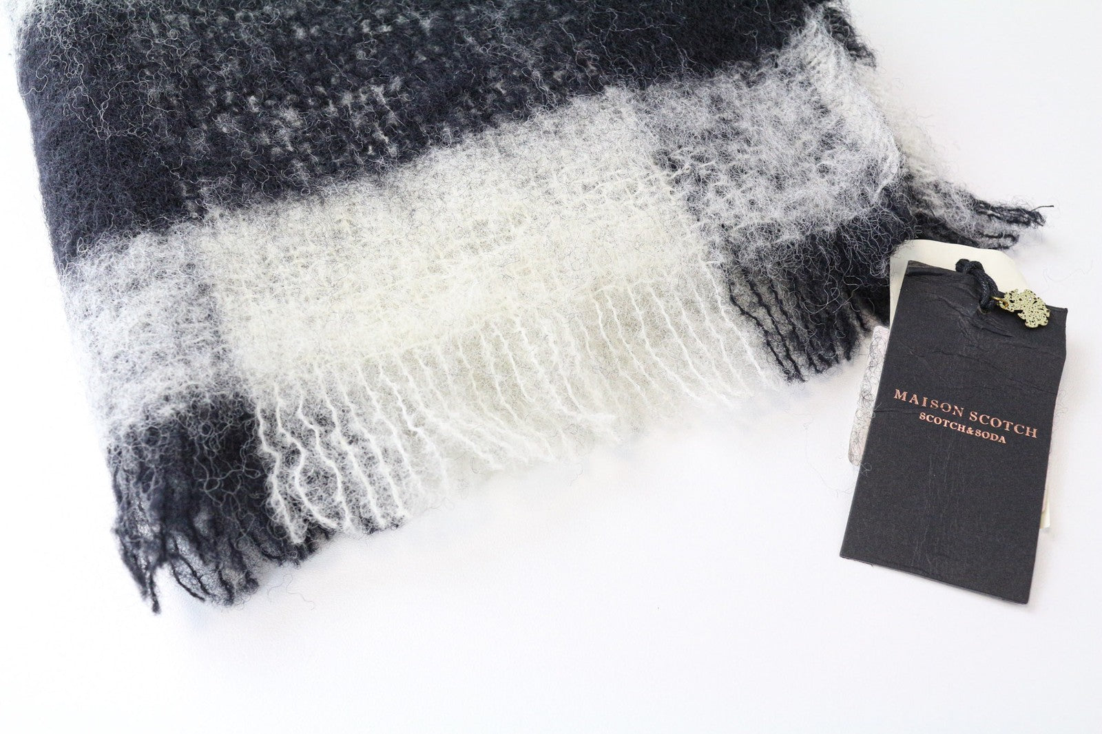 MAISON SCOTCH Women's Scarf OS Blue Wool Blend Checked Autumn Winter Wrap