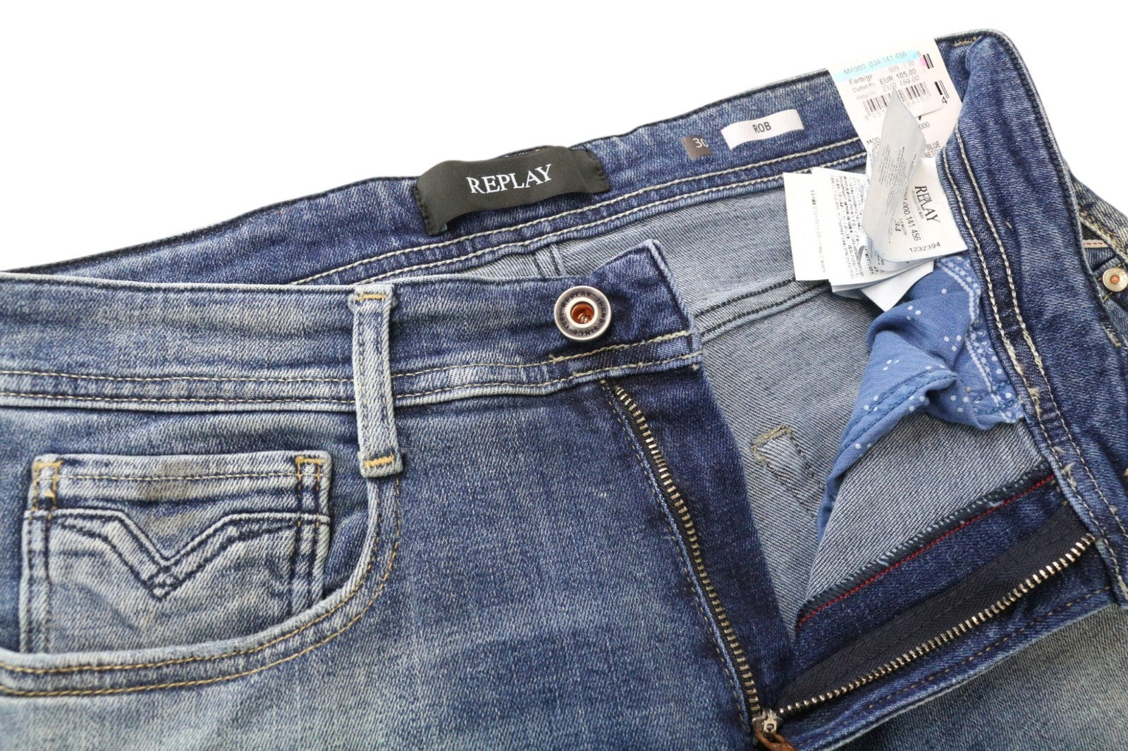 REPLAY Rob Men's Jeans W30/L34 Mid Blue Tapered Fit Stretch Straight Zip Fly