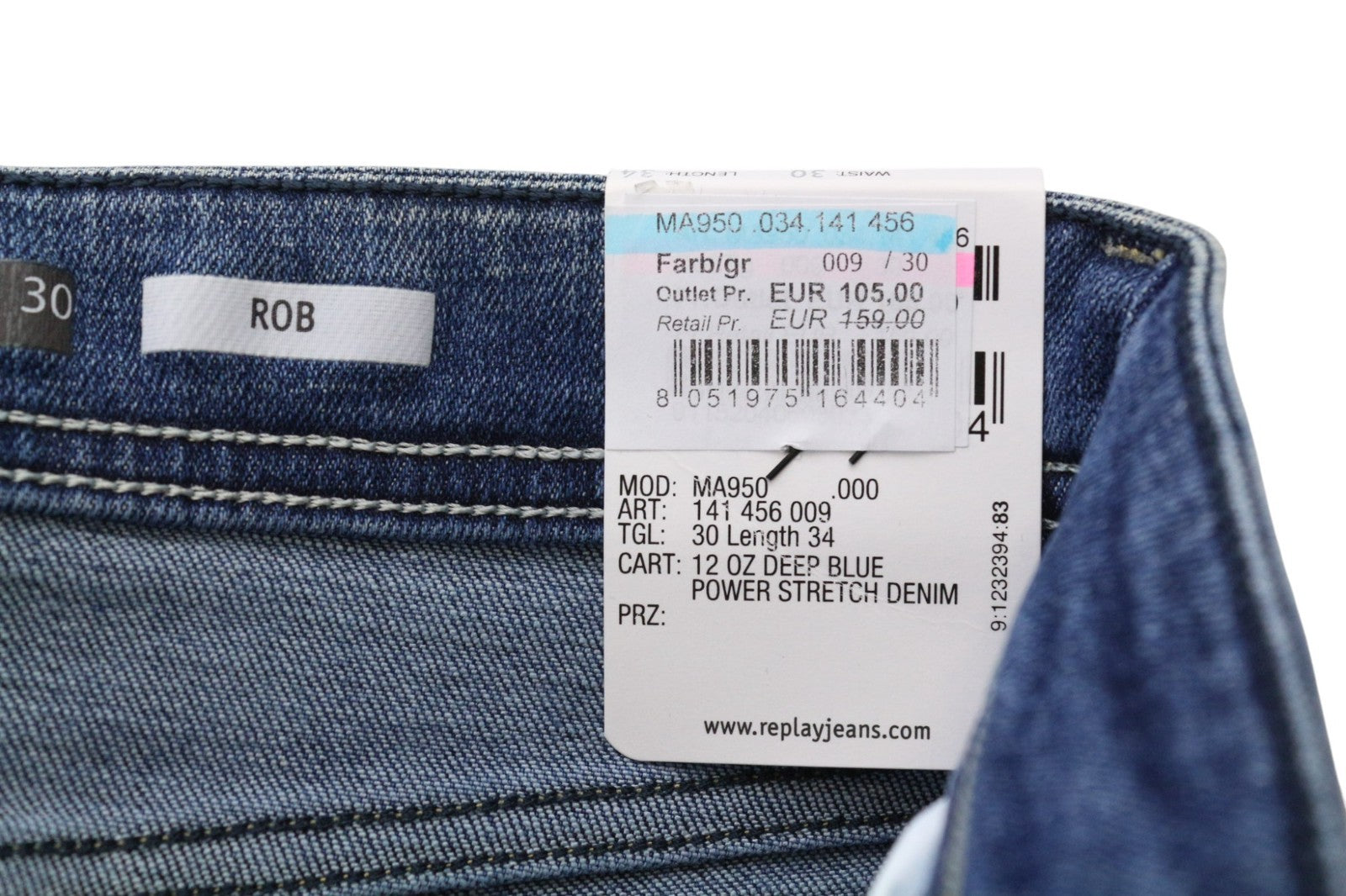 REPLAY Rob Men's Jeans W30/L34 Mid Blue Tapered Fit Stretch Straight Zip Fly