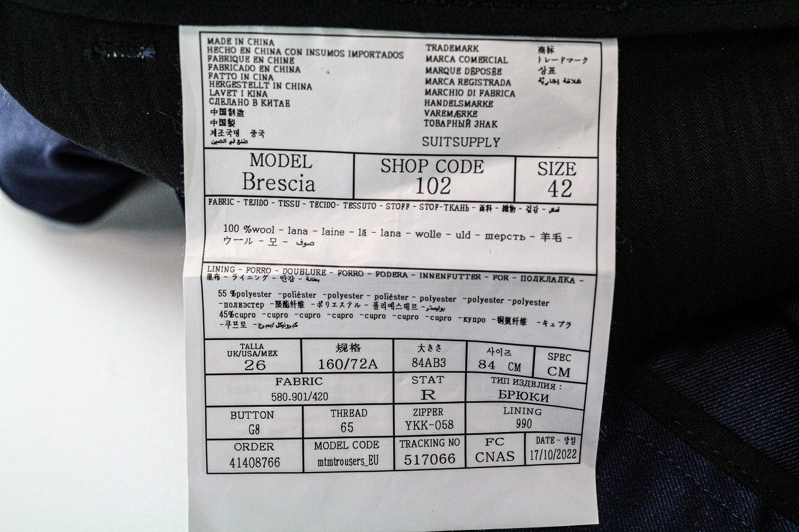 SUITSUPPLY Brescia Men's Trousers UK26R Blue Wool Pleated Classic Dress Pants